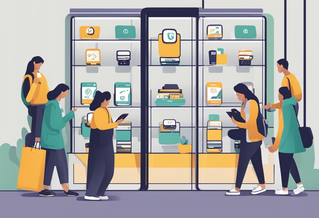 Customers browsing smartphones at Mister Mobile, staff assisting, store logo displayed prominently