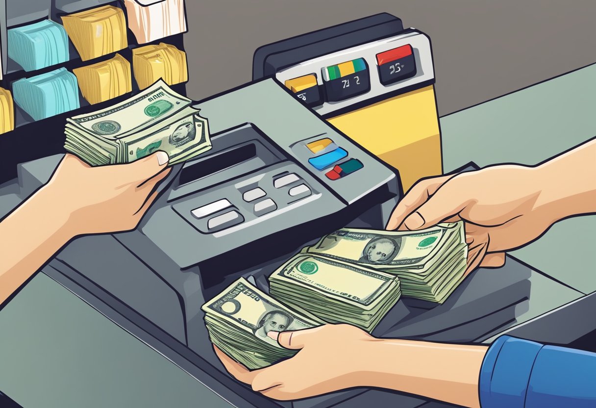 Singapore dollars being exchanged for Malaysian ringgit at a currency exchange counter