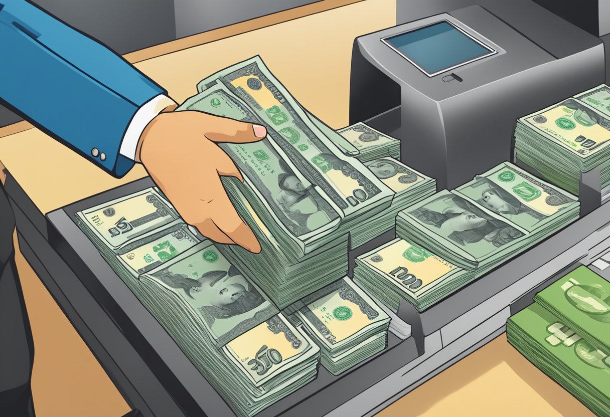 A stack of Singaporean dollar bills being exchanged for Malaysian ringgit at a currency exchange counter