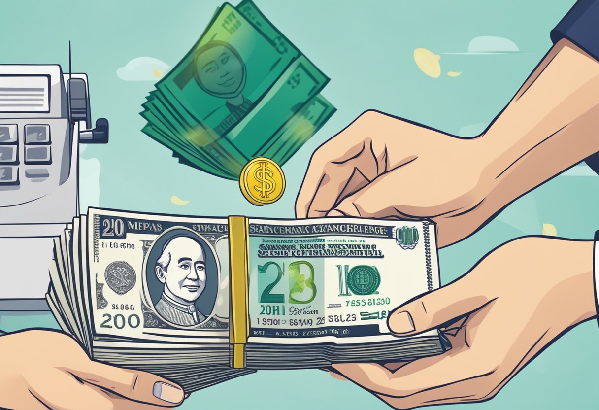 A hand holding Singapore dollars and exchanging them for Malaysian ringgit at a currency exchange counter