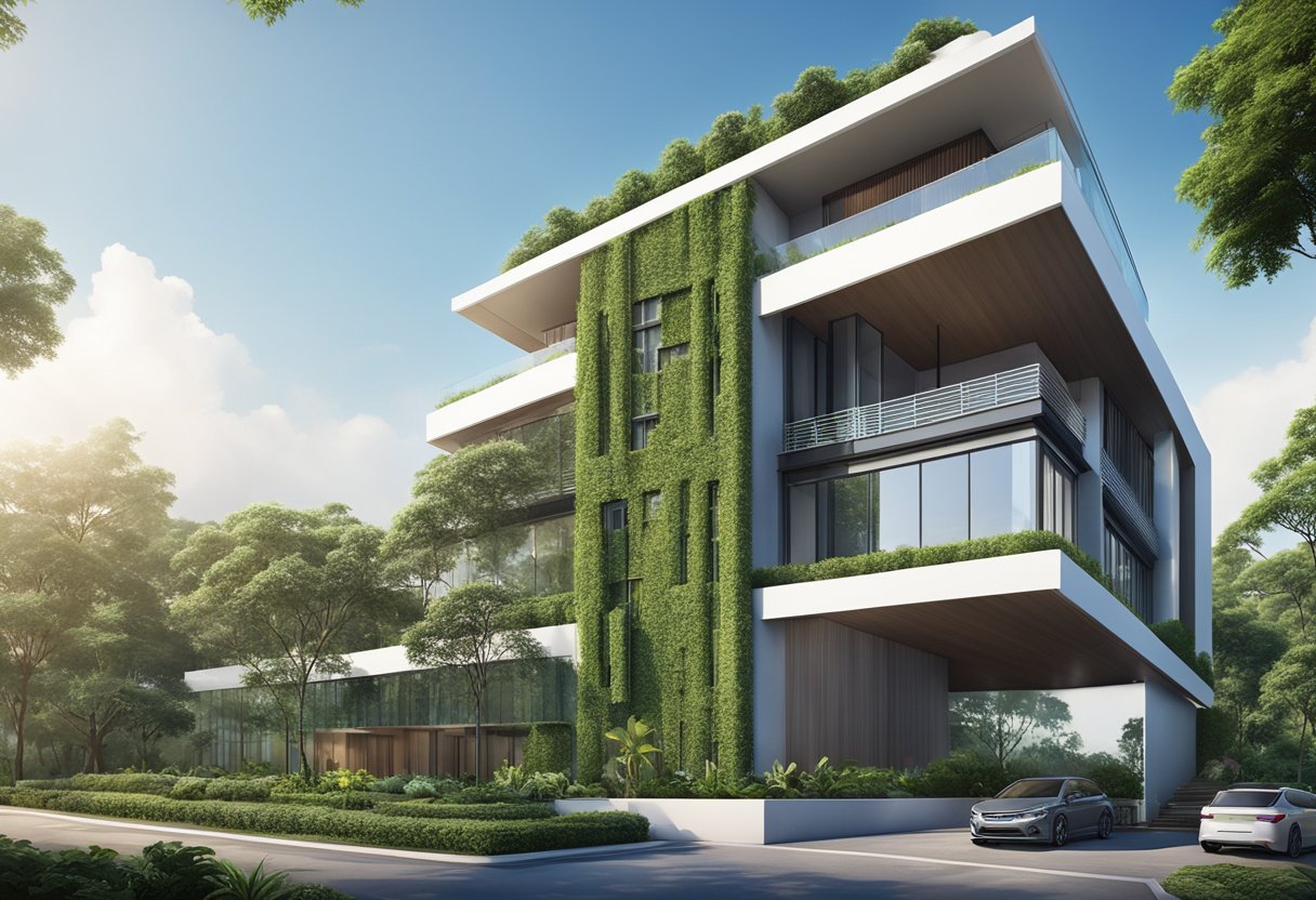 The Singapore embassy in Bangkok stands tall with a modern architectural design, surrounded by lush greenery and a clear blue sky