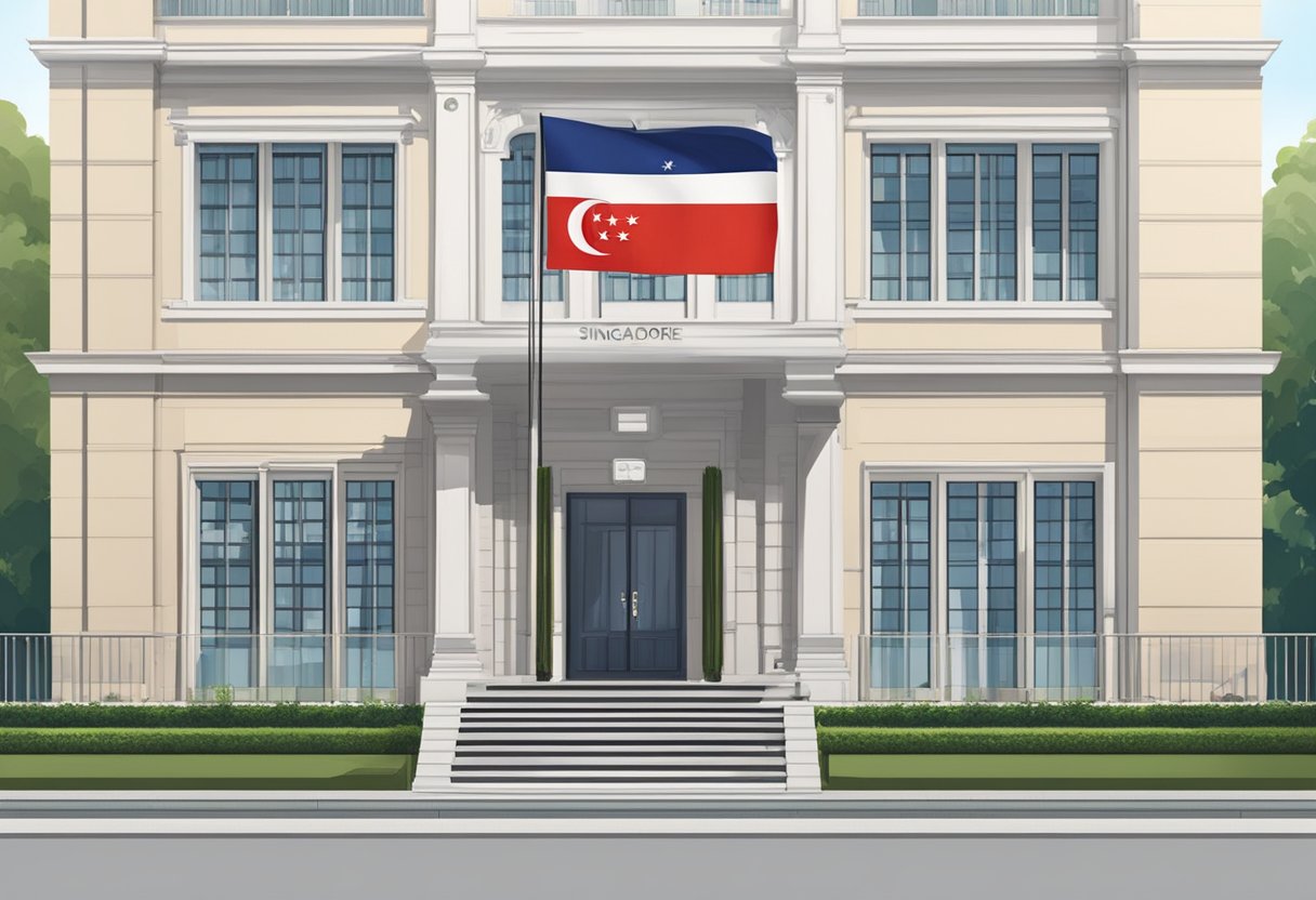 The Singapore embassy in Bangkok provides consular services and visa information. The building is modern with a Singaporean flag flying outside