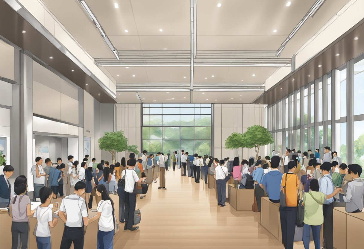 The Singapore embassy in Bangkok is bustling with people seeking information. The reception area is filled with visitors waiting to ask their frequently asked questions