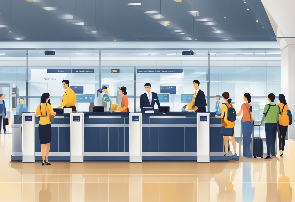 Passengers queue at Singapore Airlines check-in counter. Staff assist with luggage and boarding passes. Brightly lit, clean, modern space