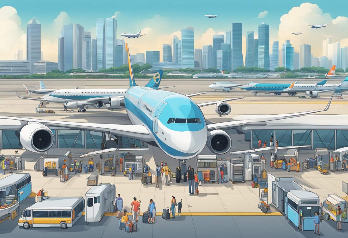A bustling airport terminal with planes lined up on the tarmac, luggage carts being loaded, and passengers bustling about. The iconic Singapore skyline visible in the background