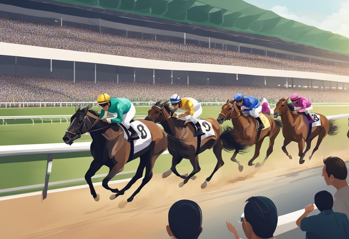 Horses thunder around the track, jockeys urging them on as spectators cheer and place bets at the Singapore horse racing event