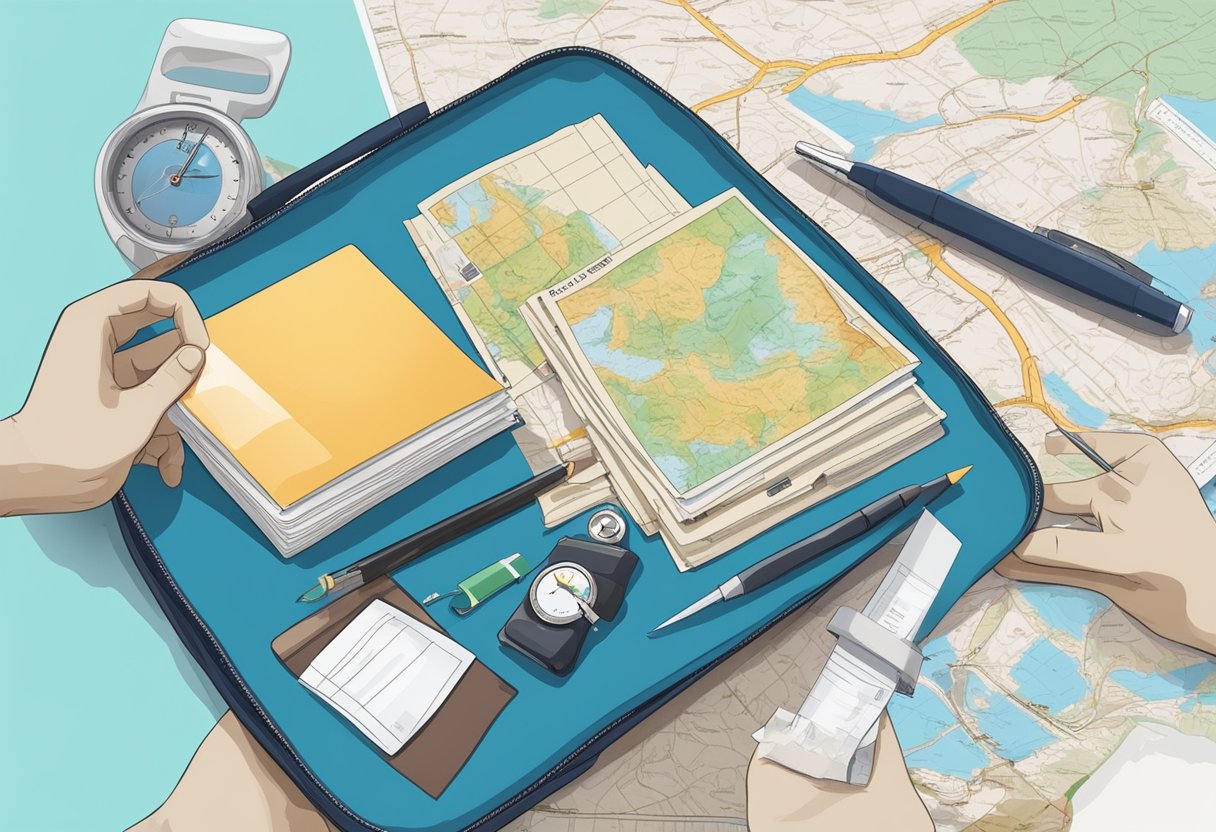 A person holding a test kit with a swab, a timer, and a passport on a table with a plane ticket and a map in the background