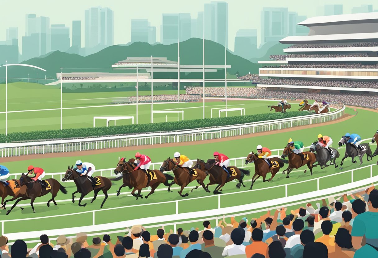 Horses racing around the Singapore Turf Club track, with spectators cheering from the grandstands