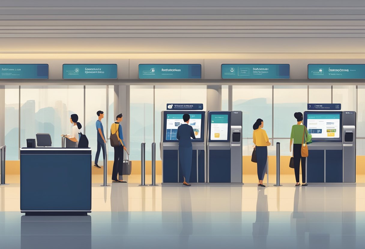 Passengers use self-service kiosks or approach staffed counters at Singapore Airlines check-in area. Luggage is tagged and boarding passes are issued