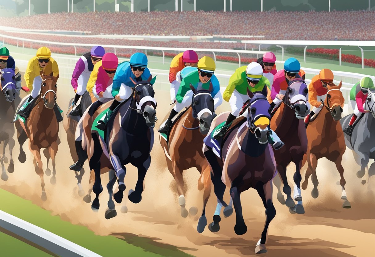 Horses thunder down the track at the Singapore horse racing event. Crowds cheer as jockeys compete for the lead