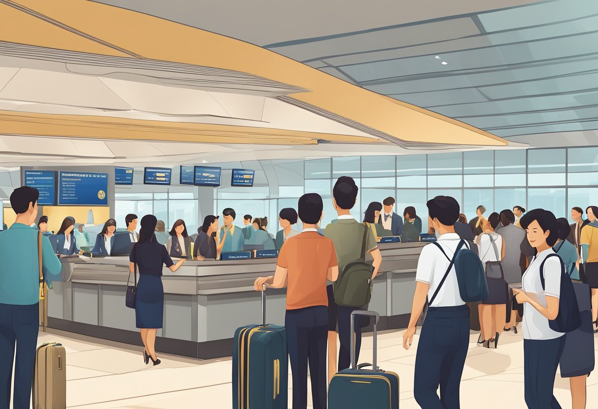 Passengers queue at Singapore Airlines check-in. Brightly lit counters and uniformed staff assist travelers with luggage and boarding passes