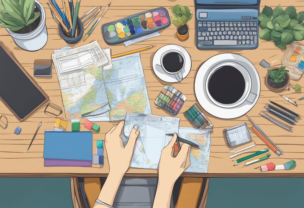A cluttered desk with art supplies, a plane ticket to Singapore, and a nervous artist's hands fidgeting with a pencil