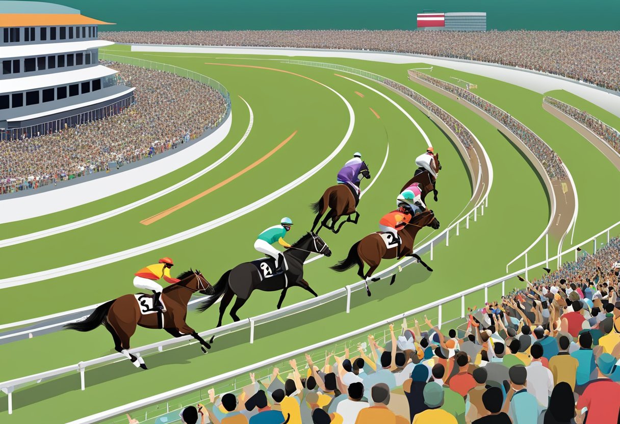Horses racing around a track in Singapore, with a crowd of spectators cheering and placing bets