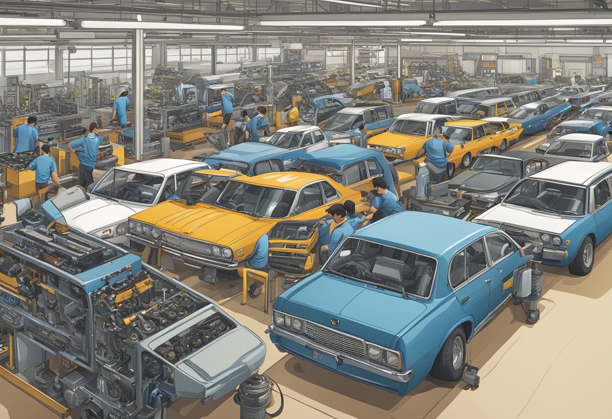 A bustling motor shop in Singapore with rows of engines, tools, and mechanics working on various vehicles