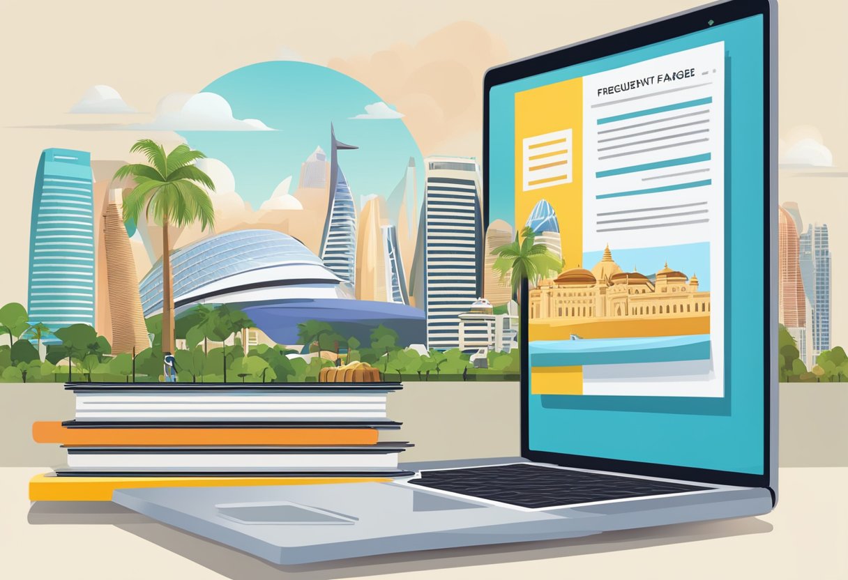 A stack of travel brochures and a laptop with a "Frequently Asked Questions pre departure" webpage open, set against a backdrop of Singapore landmarks