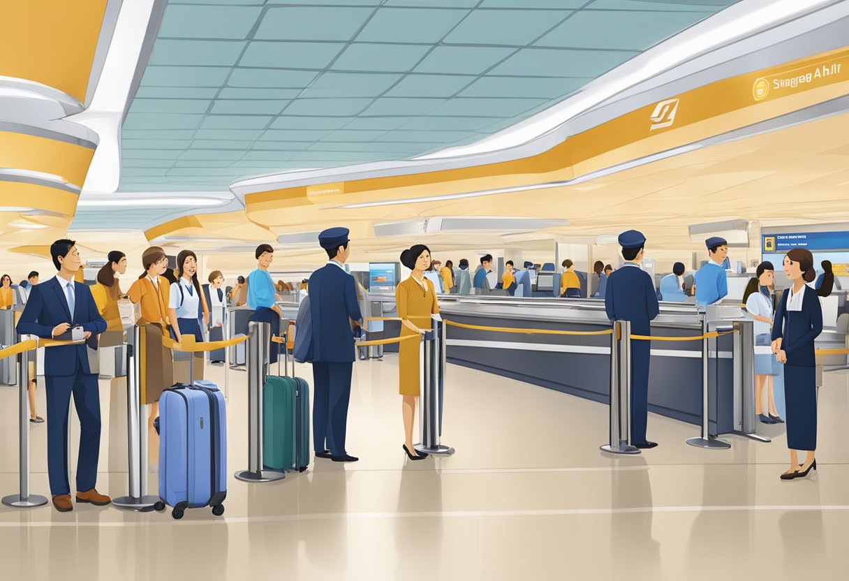 Passengers lining up at Singapore Airlines check-in counters, with staff assisting and answering questions. Baggage carts and signage visible in the background