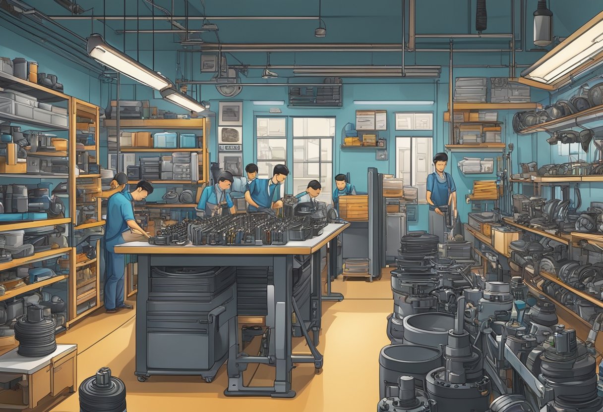A bustling motor shop in Singapore, with rows of neatly organized parts and tools, a team of mechanics working diligently, and a welcoming storefront display