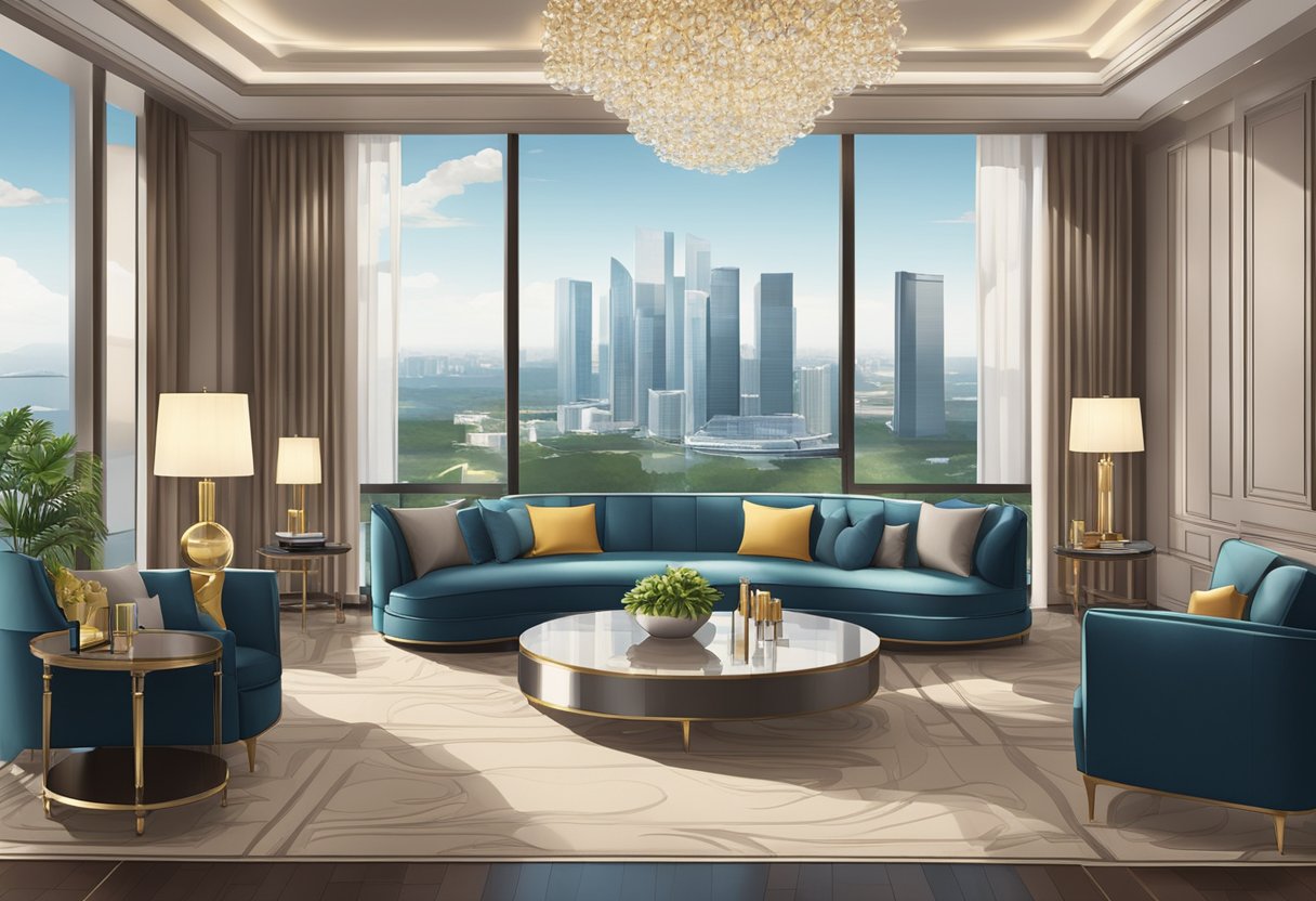 A luxurious hotel lobby in Singapore offers elegant furnishings, a grand chandelier, and panoramic views of the city skyline