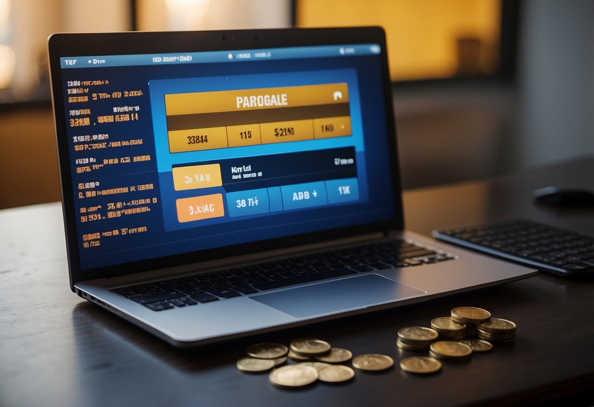 A computer screen displaying a presale platform with a countdown timer and a "participate" button. A stack of coins next to the screen