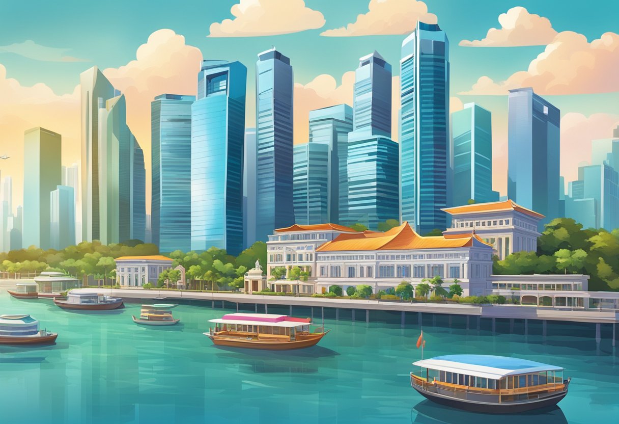 A vibrant cityscape with modern skyscrapers and a bustling waterfront, showcasing the best hotel deals in Singapore