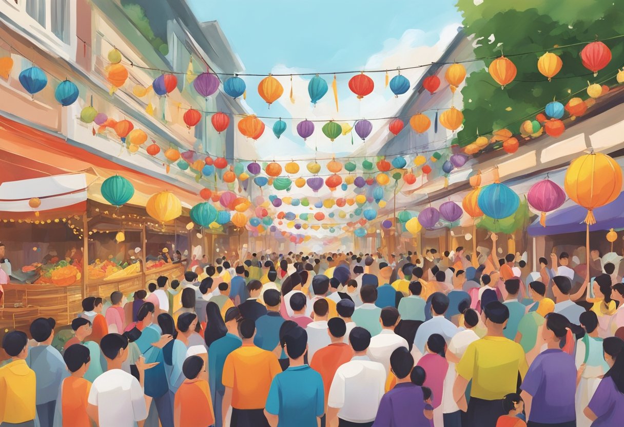 Vibrant floats and colorful decorations fill the streets, as people gather to celebrate Singapore's diverse cultural heritage. Traditional music and dance performances captivate the crowd, while the aroma of delicious street food fills the air