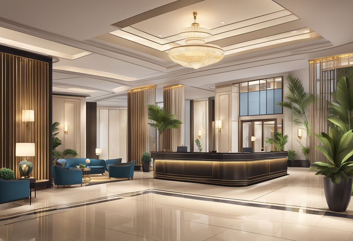 A luxurious hotel lobby with modern decor and comfortable seating. A concierge desk and check-in area are visible, with a welcoming atmosphere and helpful staff