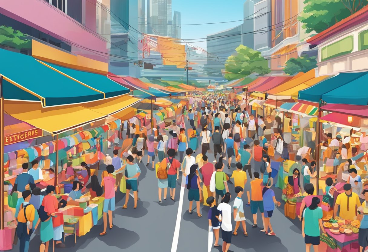 A colorful array of festival booths and banners fill the bustling streets of Singapore, as people gather to enjoy the festivities and explore the various activities and events