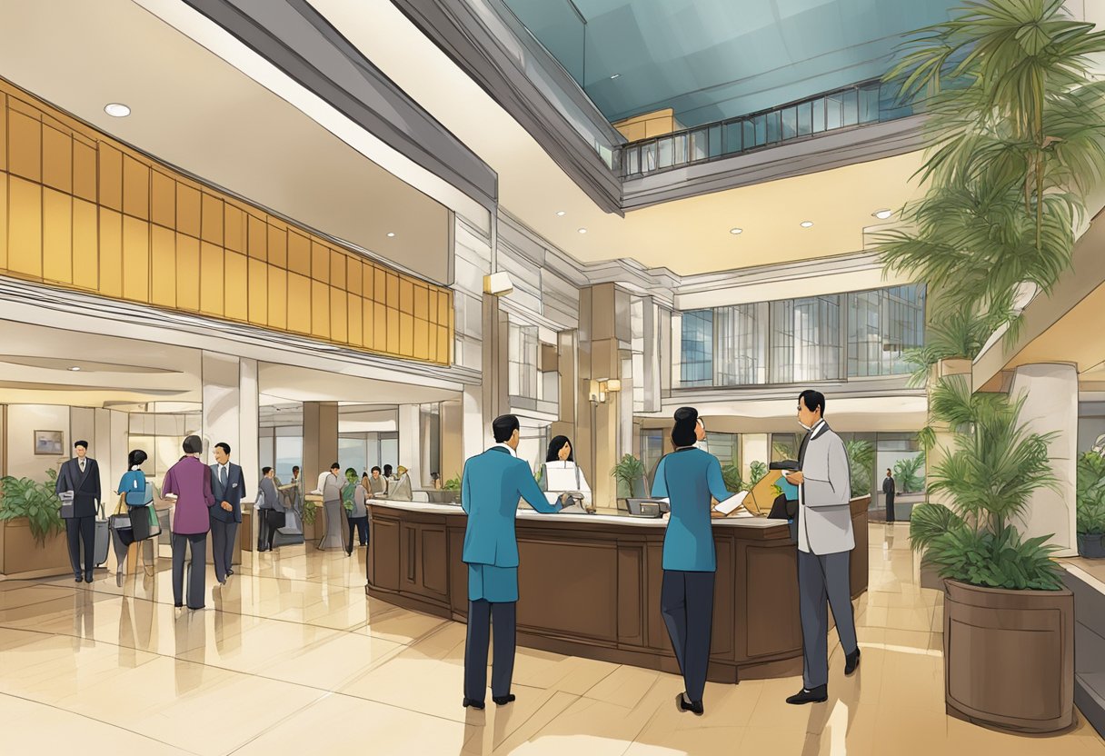 The bustling lobby of a Singapore hotel, with a prominent sign advertising "Frequently Asked Questions" and a concierge desk bustling with activity