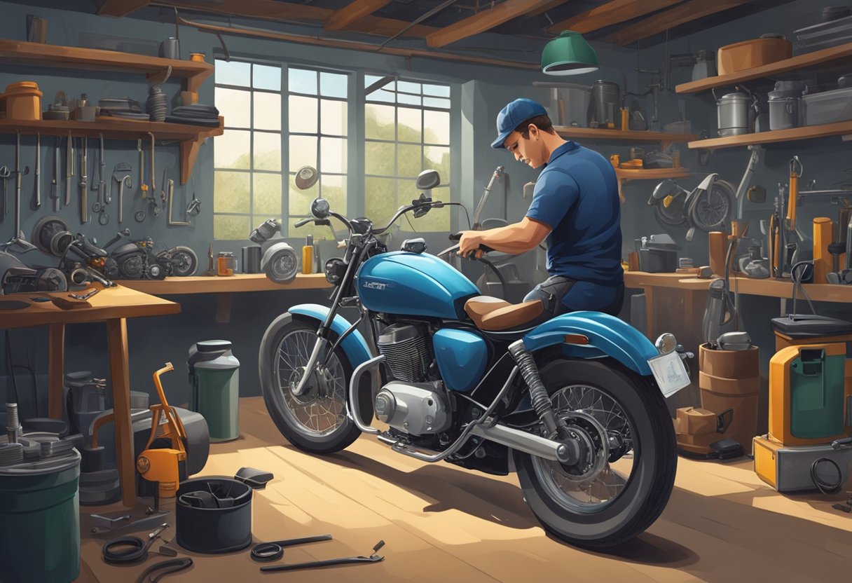 A mechanic in a well-lit workshop, surrounded by tools and equipment, carefully maintaining a motorcycle