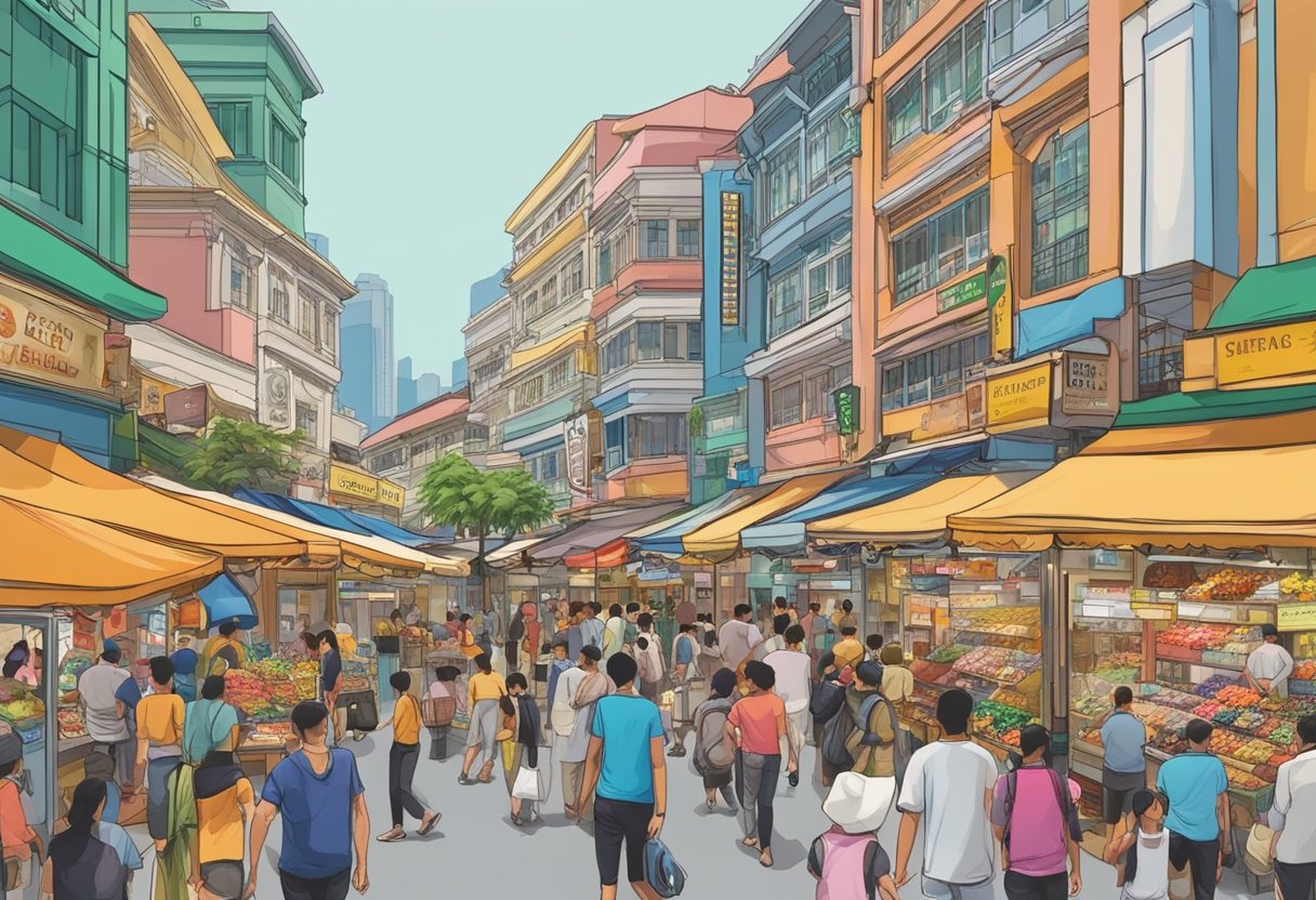 Busy Mustafa Centre, Singapore. Colorful storefronts, bustling shoppers, and vibrant street vendors fill the scene