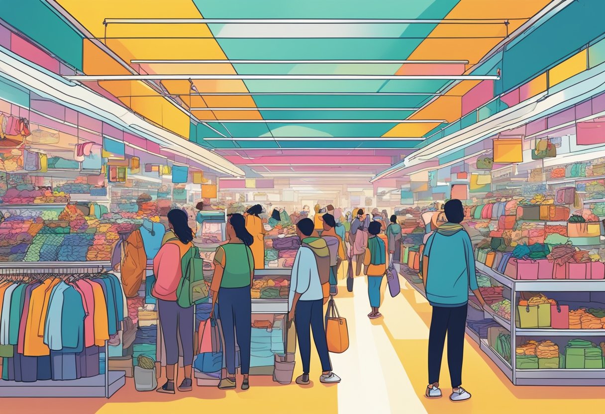 A bustling market with colorful displays of clothing, electronics, and souvenirs. Shoppers browse aisles filled with diverse products. Bright lights and vibrant energy fill the space