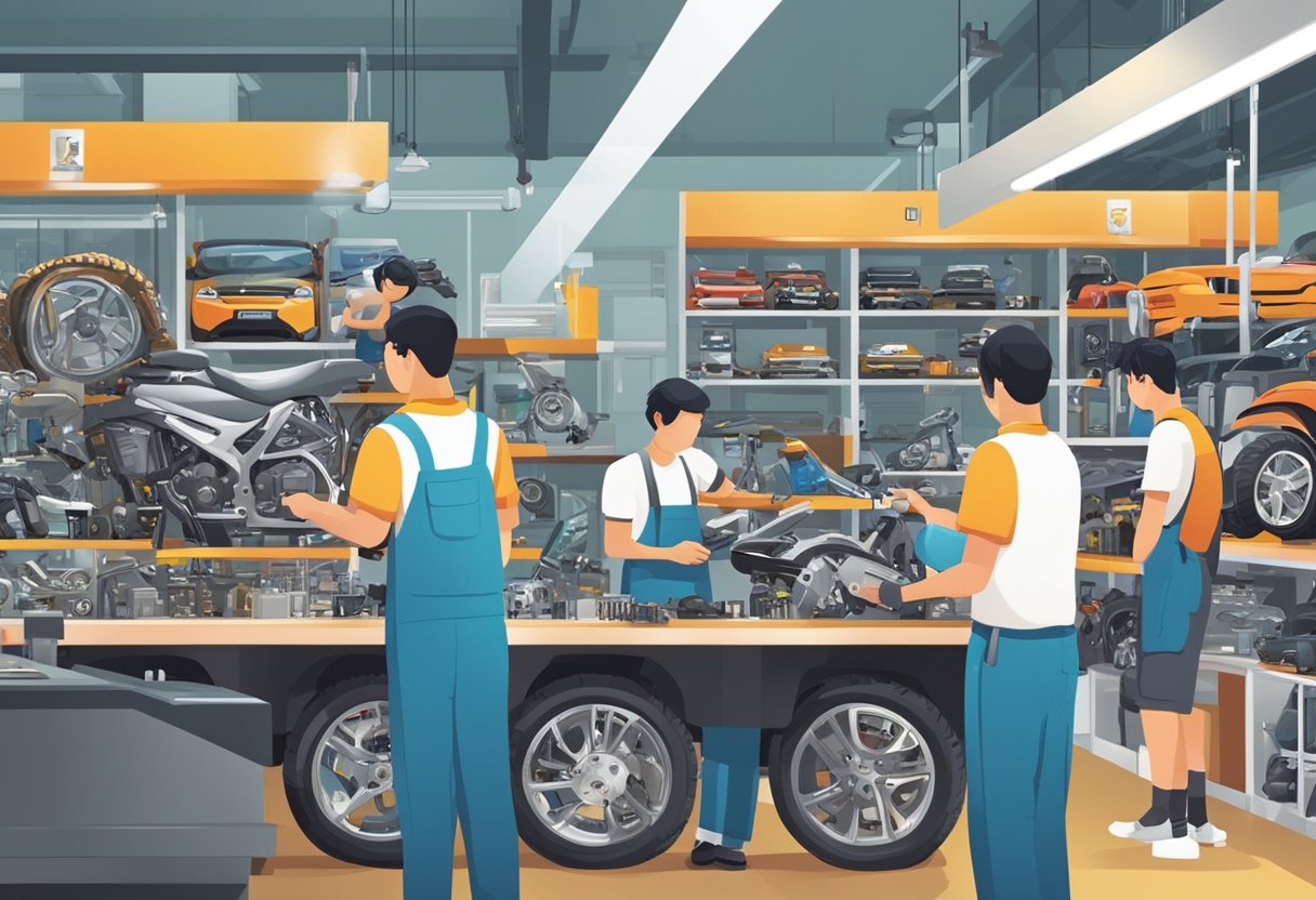 A busy motor shop in Singapore, with customers browsing products and staff assisting. Displays of motor parts and accessories line the shelves