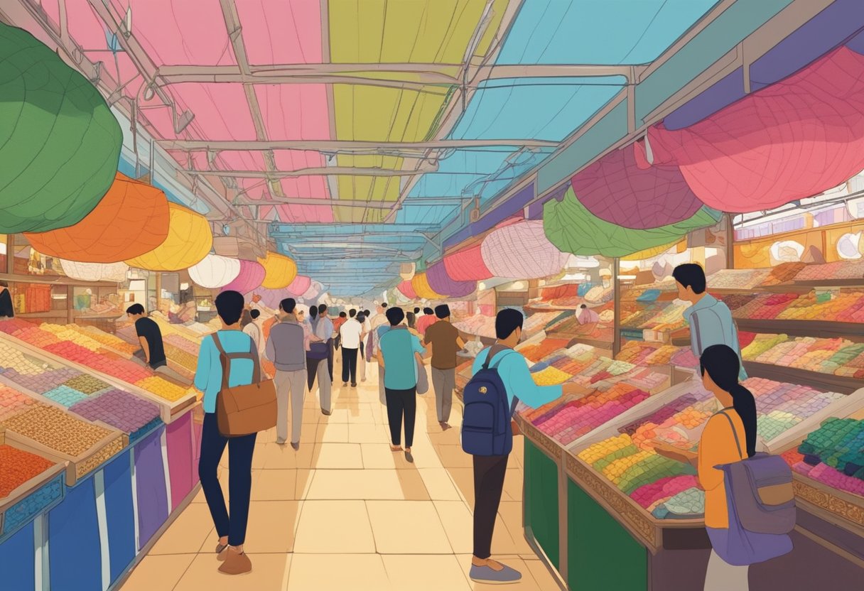 Customers browse colorful textiles and trinkets in bustling Mustafa Centre, Singapore. Bright lights illuminate the aisles, while the scent of spices fills the air
