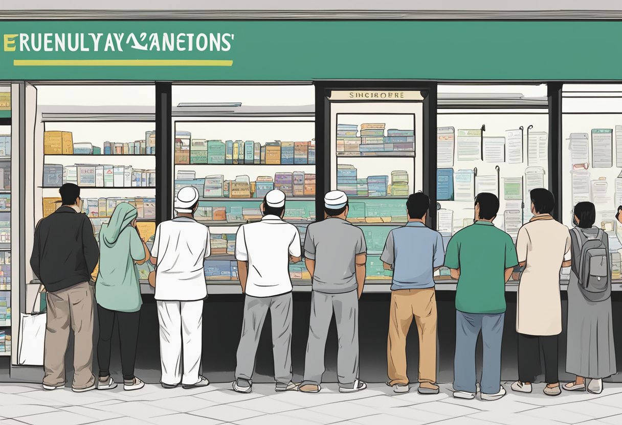 Customers line up at the Mustafa Centre in Singapore, reading and asking questions from the "Frequently Asked Questions" section