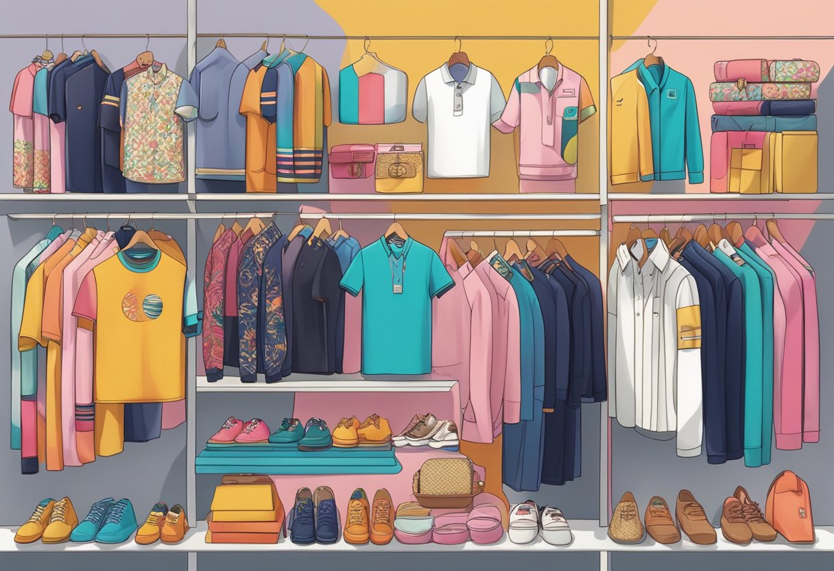 A colorful display of Singapore clothing brands, featuring modern and traditional styles, with vibrant patterns and intricate details