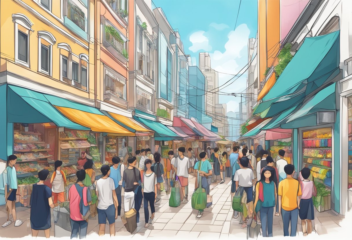 A bustling market street showcases vibrant storefronts of local Singapore clothing brands, with colorful displays and trendy designs on full view