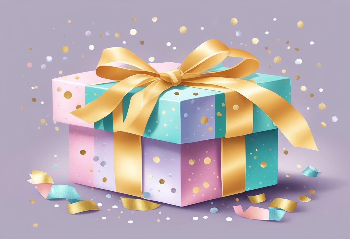 A small, delicate gift box adorned with a ribbon, nestled in a bed of soft, pastel-colored tissue paper, surrounded by a sprinkle of glittering confetti