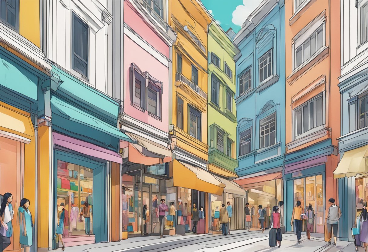 A bustling street lined with colorful storefronts showcasing a range of Singapore clothing brands, from casual to luxury, with vibrant displays and stylish window mannequins