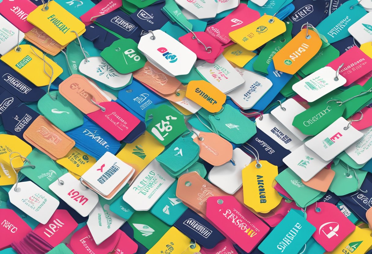 A stack of colorful clothing tags with "Frequently Asked Questions" written on them, surrounded by various Singapore clothing brands' logos