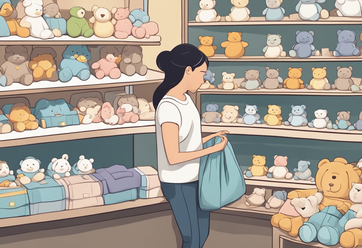 A person in a Singaporean gift shop carefully chooses a delicate newborn gift from a display of soft blankets and adorable plush toys