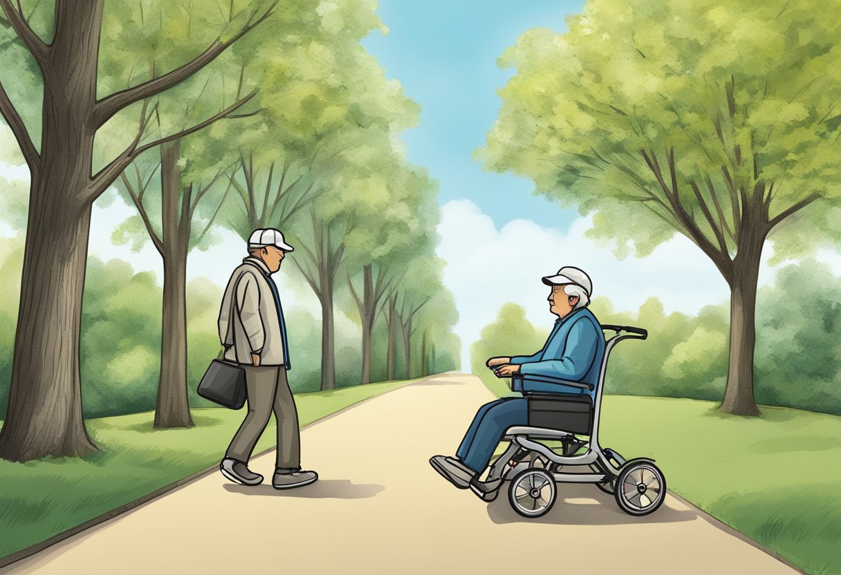 An upright walker and rollator face off in a park, surrounded by trees and a paved path