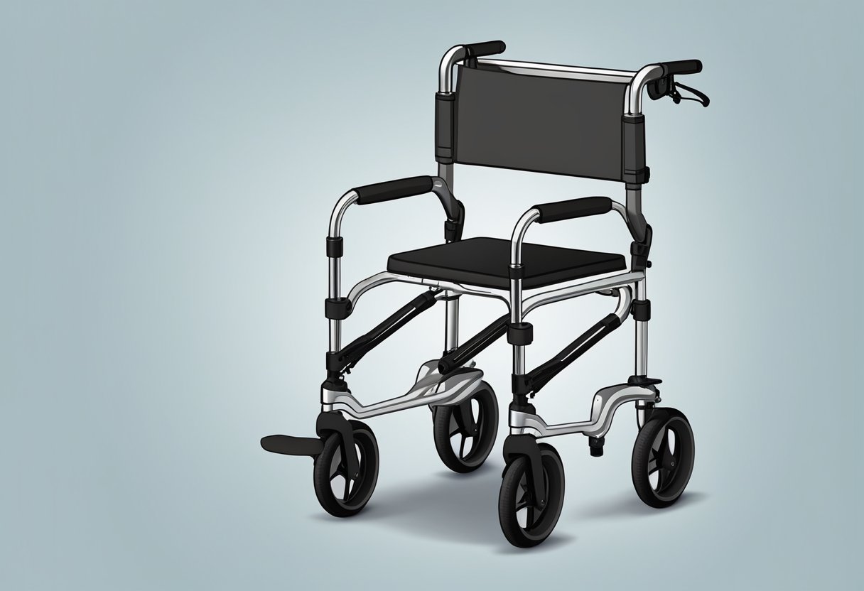 An upright walker stands tall, with adjustable handles and sturdy frame. A rollator sits nearby, featuring wheels and a seat for resting