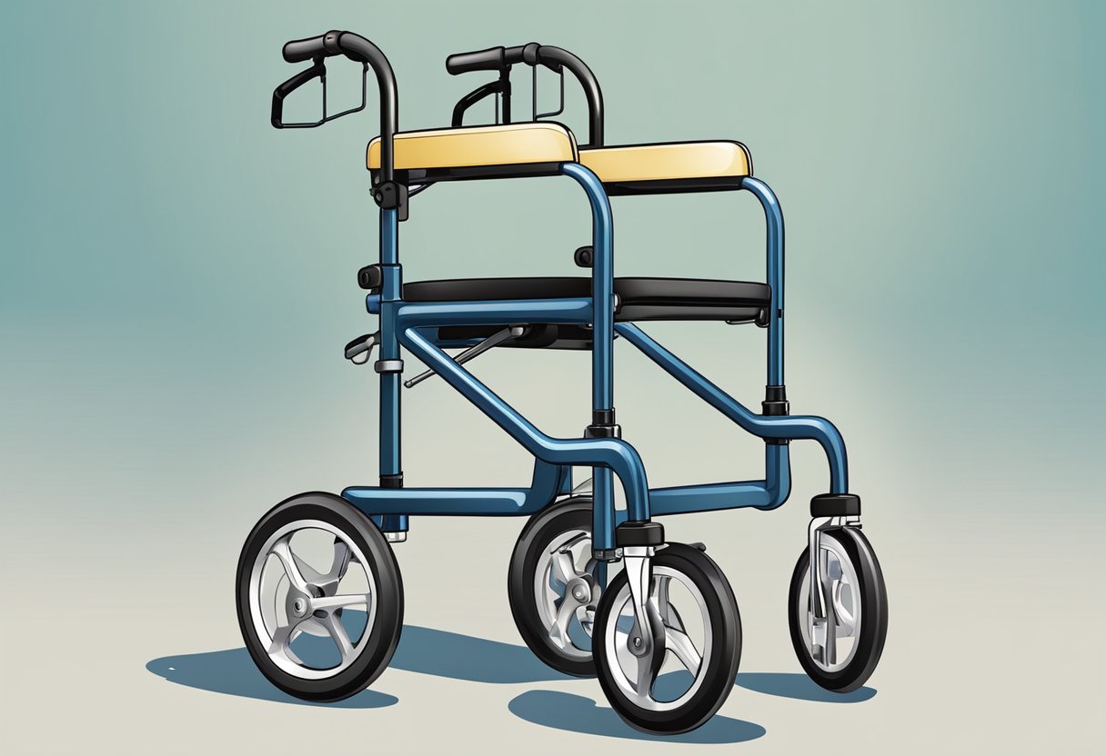 An upright walker stands tall, with four wheels and hand brakes. A rollator has a seat, backrest, and four wheels with hand brakes