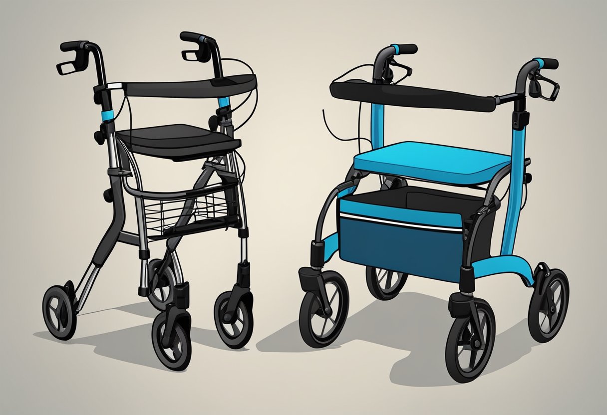 An upright walker stands tall next to a rollator. The walker has handles and a stable frame, while the rollator has wheels and a seat