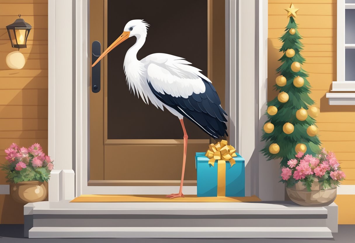 A smiling stork delivering a beautifully wrapped gift to a doorstep