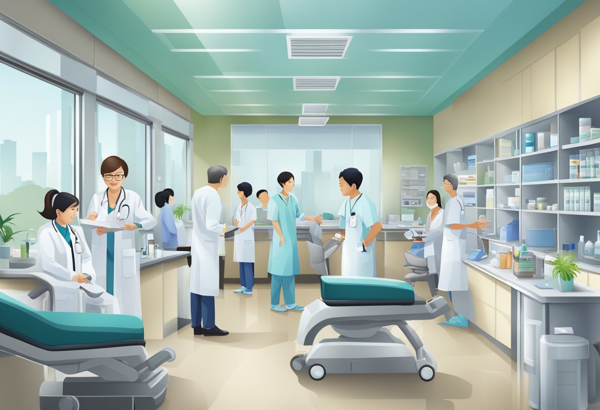 A bustling medical group in Singapore offers various services and specialties. The clinic is filled with patients and medical professionals