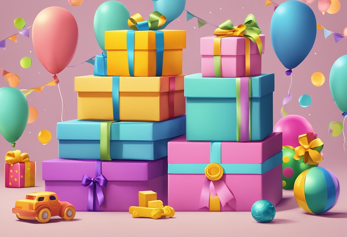 A stack of colorful gift boxes with "Frequently Asked Questions" written on them, surrounded by baby toys and accessories