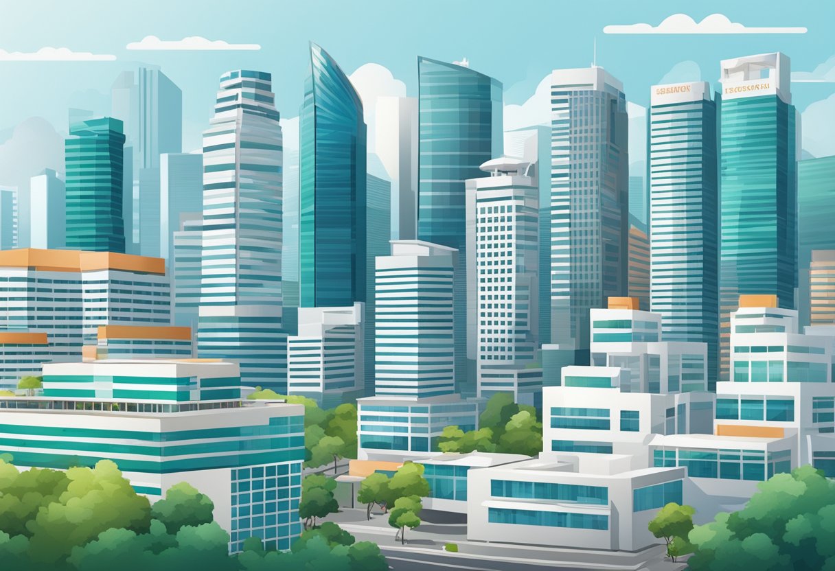 A bustling cityscape with the iconic skyline of Singapore, featuring modern medical facilities and clinics of the Singapore Medical Group