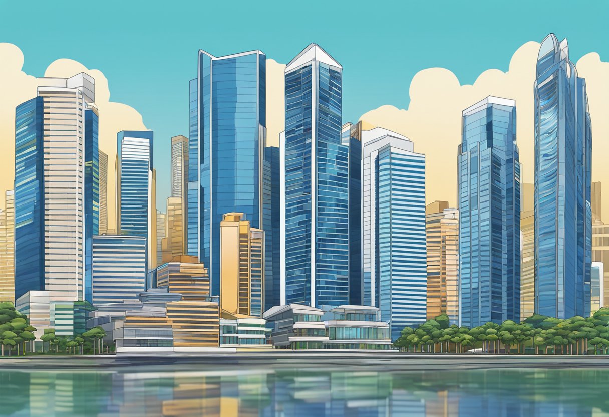 Tall, modern buildings in Singapore rise against a clear blue sky, reflecting the city's bustling and vibrant urban landscape