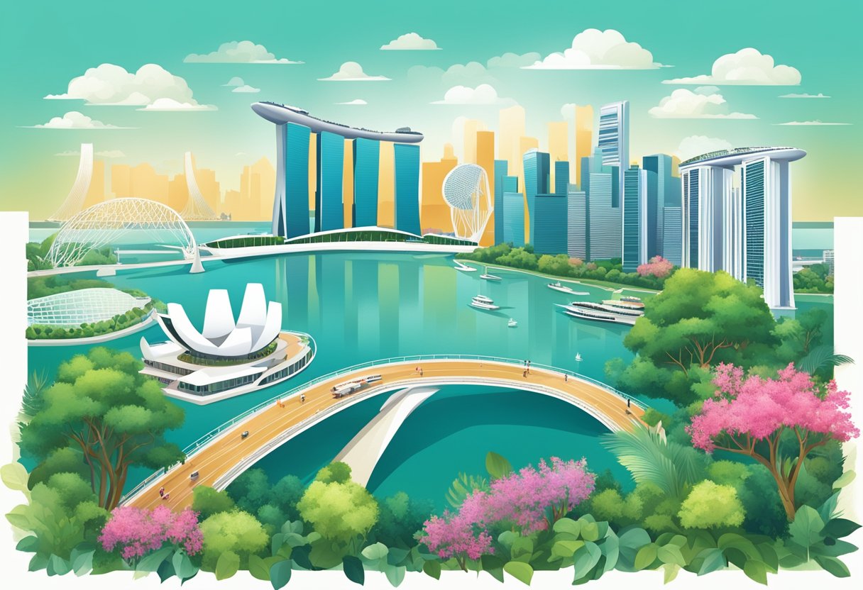The city skyline of Singapore features iconic structures and architectural marvels, including the Marina Bay Sands, Gardens by the Bay, and the futuristic Supertree Grove